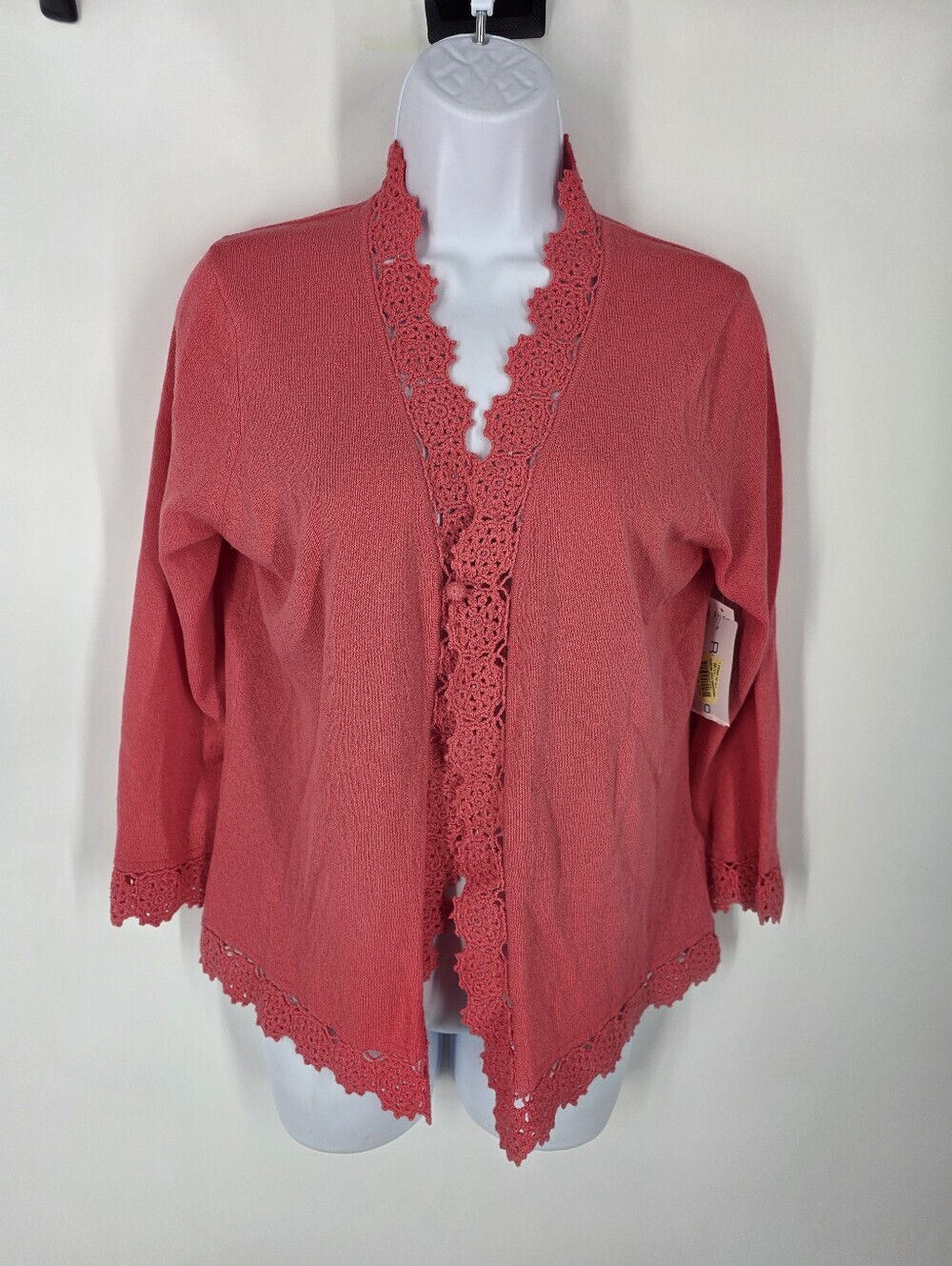 Rena Rowan Vintage Cardigan Sweater S Pink Coral Crochet Lace Trim Open Front 90